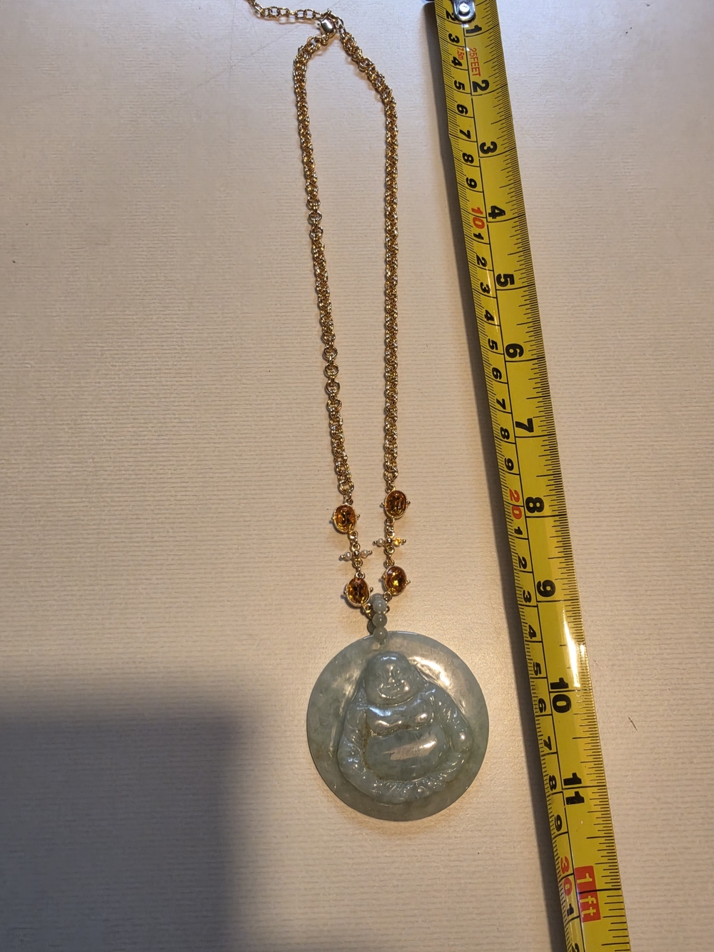Gold Chain Necklace with Light Green Jade Buddha Pendant